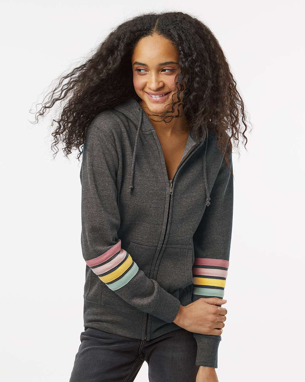 Women's Striped Sleeves Full-Zip Hooded Sweatshirt Charcoal