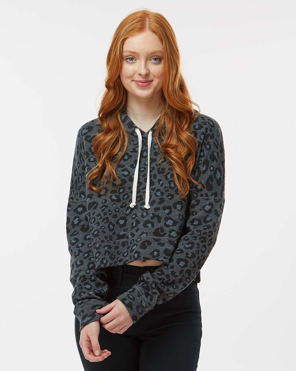 Women's Crop Hooded Sweatshirt Black Leopard