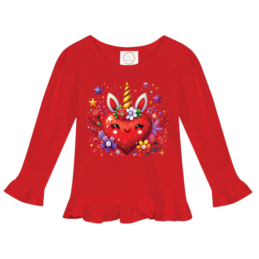 Unicorn Heart Girl's Long Sleeve Ruffle T-Shirt